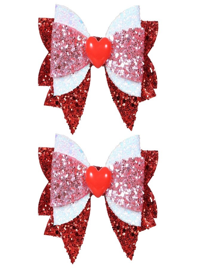 melyde Valentine's Day Hair Bow Clips 3.5 Inch Sparkly Glitter Hairpins Handmade Valentine Hair Accessories for Teens Girls, Red&White&Pink - Image 1